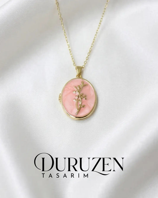 Kişiye Özel Fotoğraflı Kapaklı Pembe Mineli Dal Figürlü Kolye