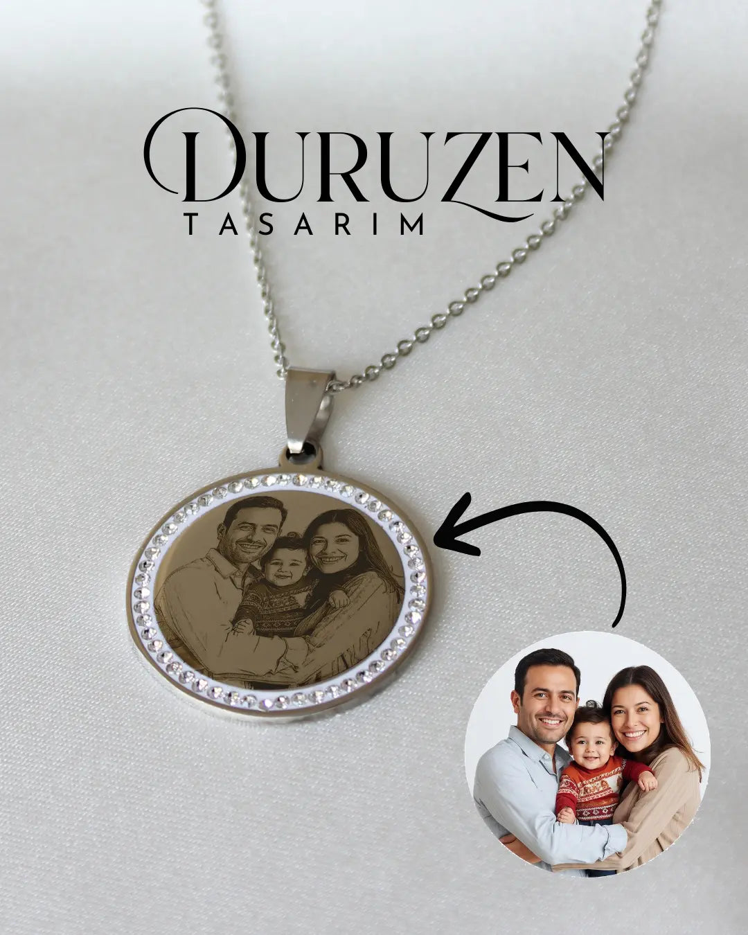Kişiye Özel Fotoğraflı Lazer İşlemeli Taşlı Kolye