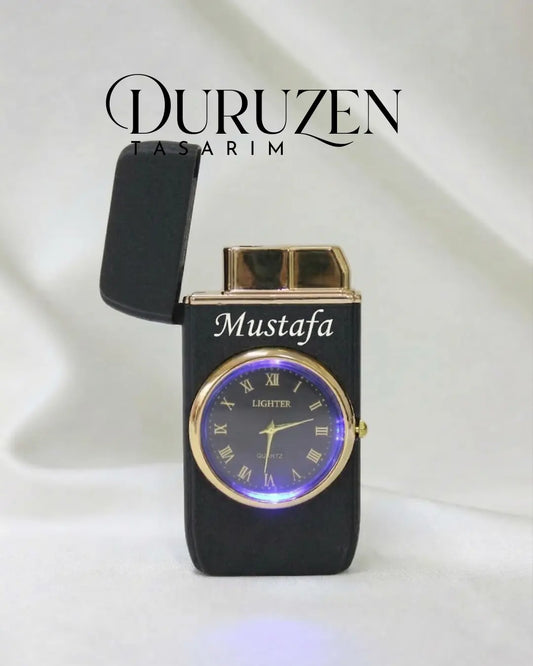 Kişiye Özel Tasarımlı Şık Işıklı Saatli Siyah Çakmak