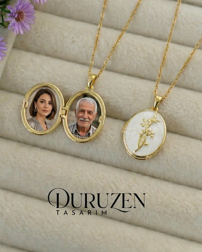 Kişiye Özel Fotoğraflı Kapaklı Beyaz Mineli Dal Figürlü Kolye No:6