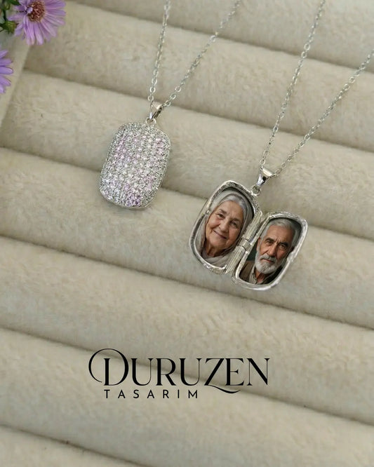 Kişiye Özel Fotoğraflı Kapaklı Lüks Taşlı Anı Kolyesi No:10