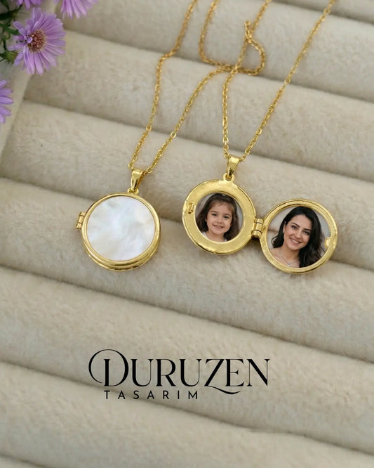 Kişiye Özel Tek Fotoğraflı Kapaklı Sedefli Yuvarlak Kolye No:8