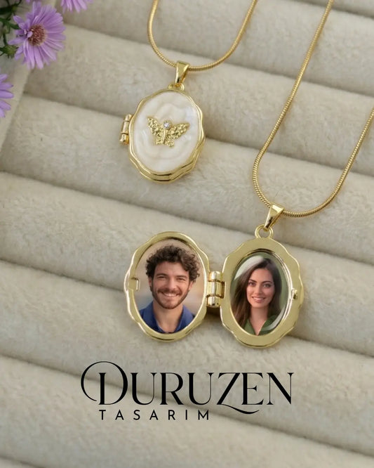 Kişiye Özel Fotoğraflı Kapaklı Melek Figürlü Gold Kolye No:29