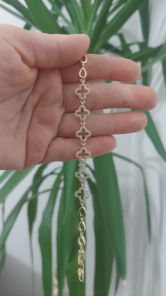 Taşlı Yonca Model Gold Bileklik