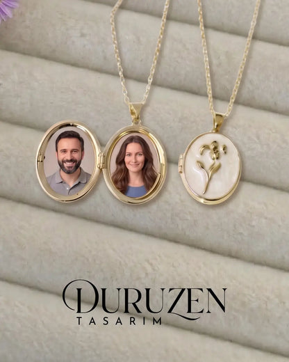Kişiye Özel Fotoğraflı Kapaklı Beyaz Mineli Nergis Detaylı Kolye