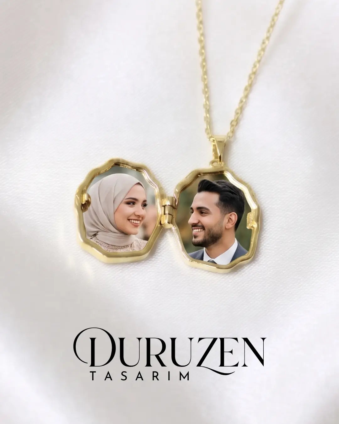 Kişiye Özel Fotoğraflı Kapaklı Melek Kanadı Detaylı Beyaz Mineli Gold Kolye