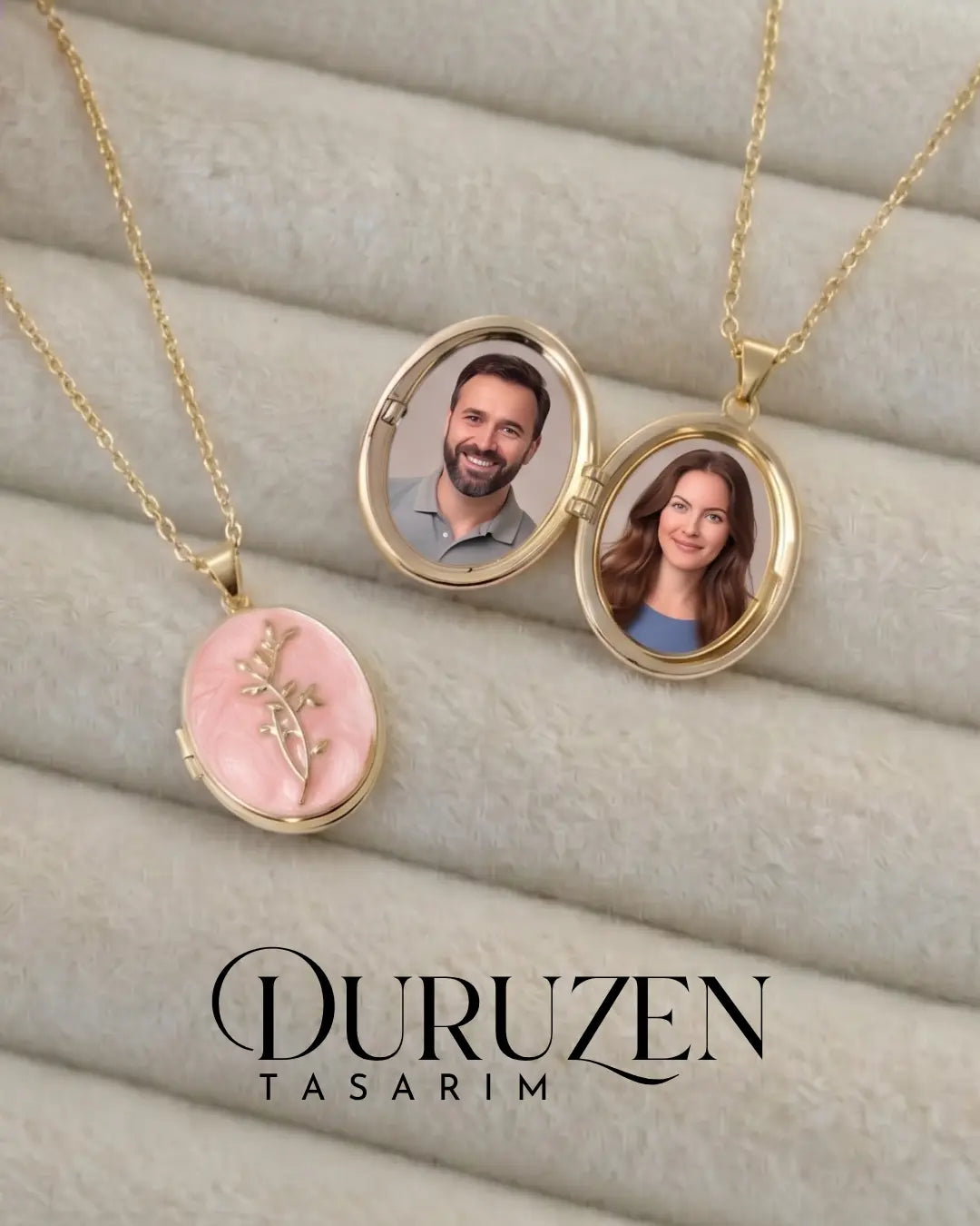 Kişiye Özel Fotoğraflı Kapaklı Pembe Mineli Dal Figürlü Kolye