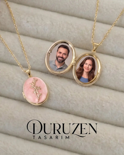 Kişiye Özel Fotoğraflı Kapaklı Pembe Mineli Dal Figürlü Kolye