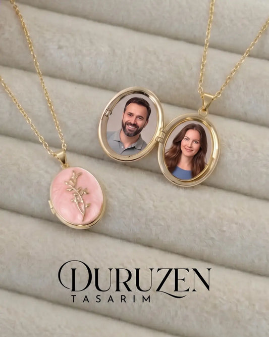 Kişiye Özel Fotoğraflı Kapaklı Pembe Mineli Dal Figürlü Kolye