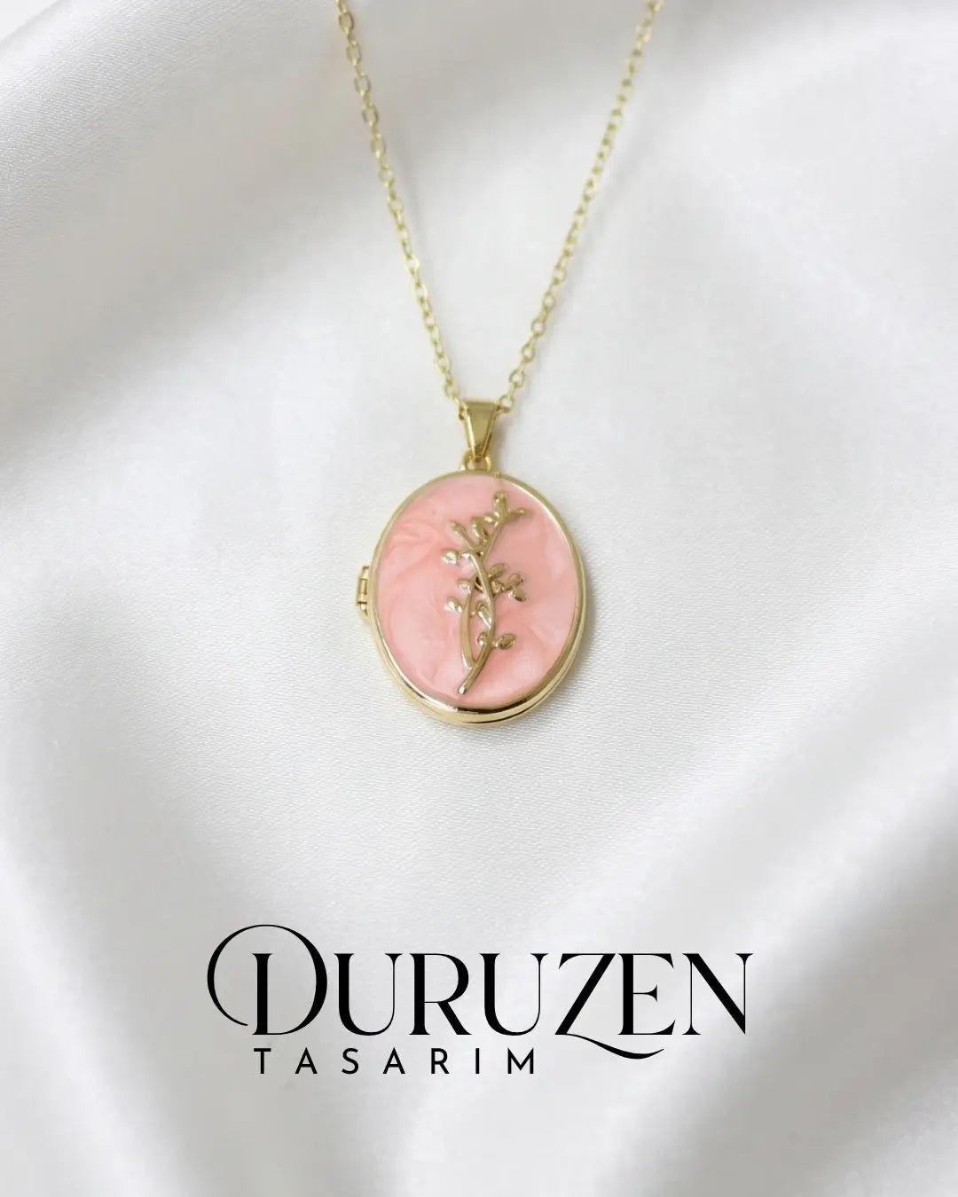 Kişiye Özel Fotoğraflı Kapaklı Pembe Mineli Dal Figürlü Kolye