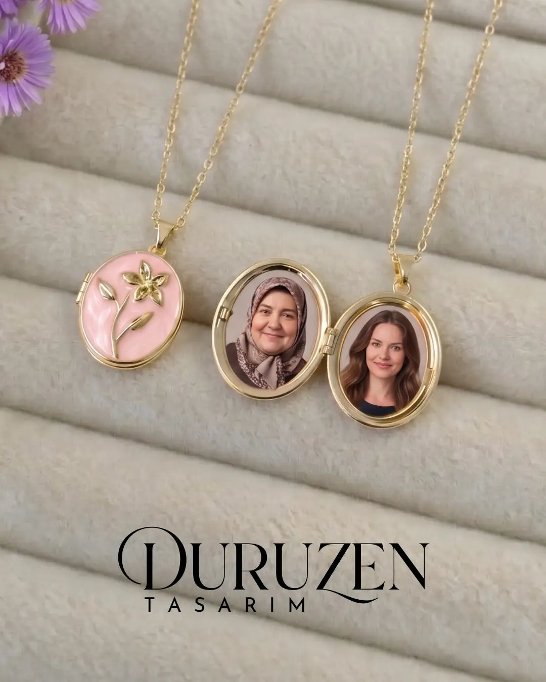Kişiye Özel Fotoğraflı Kapaklı Pembe Mineli Zambak Detaylı Kolye