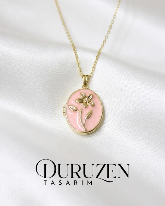 Kişiye Özel Fotoğraflı Kapaklı Pembe Mineli Zambak Detaylı Kolye