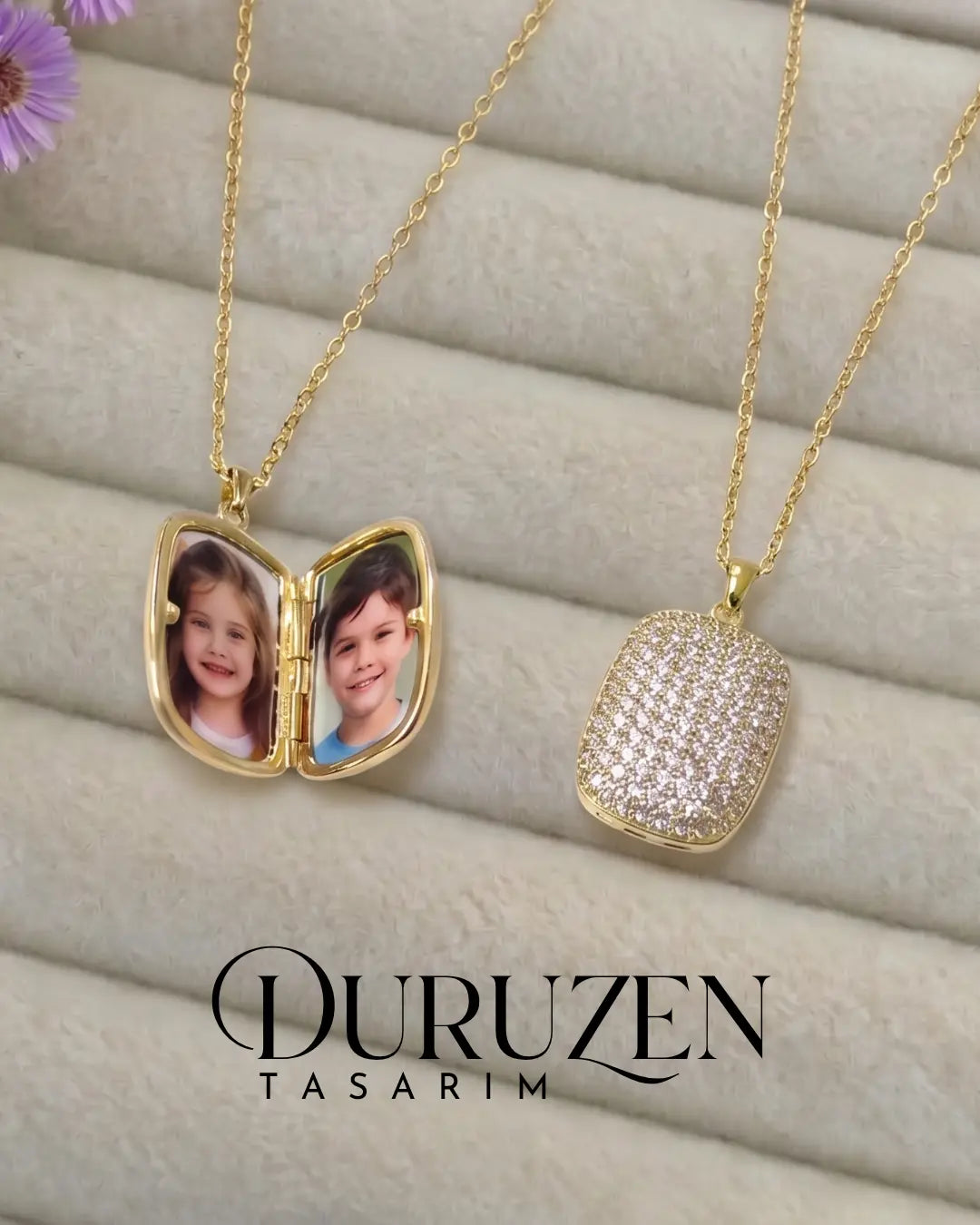Kişiye Özel Fotoğraflı Kapaklı Lüks Taşlı Gold Anı Kolyesi