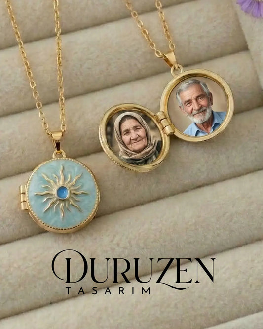 Kişiye Özel Güneş Detaylı Mavi Kapaklı Fotoğraflı Kolye