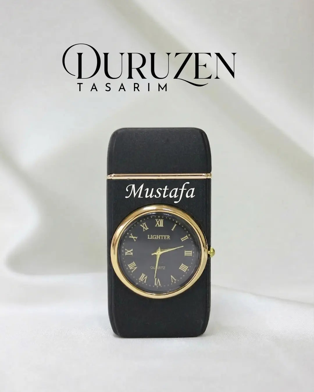 Kişiye Özel Tasarımlı Şık Işıklı Saatli Siyah Çakmak