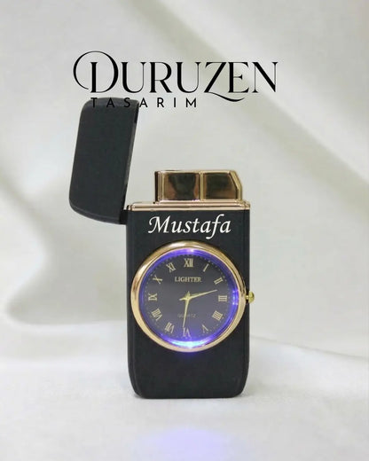 Kişiye Özel Tasarımlı Şık Işıklı Saatli Siyah Çakmak
