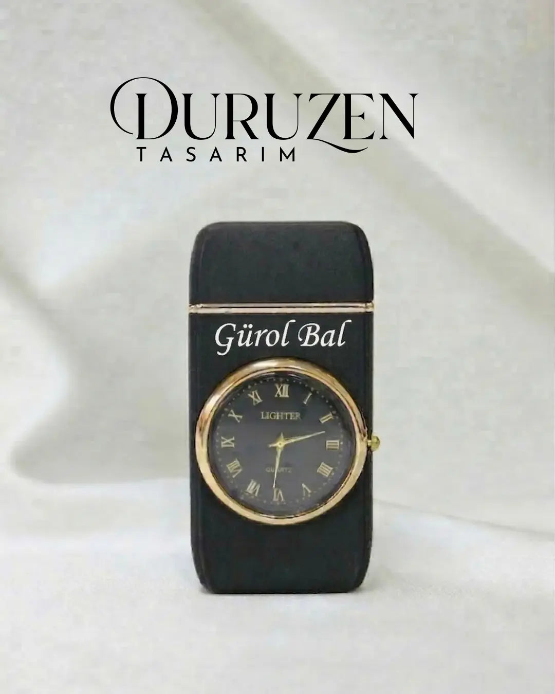 Kişiye Özel Tasarımlı Şık Işıklı Saatli Siyah Çakmak