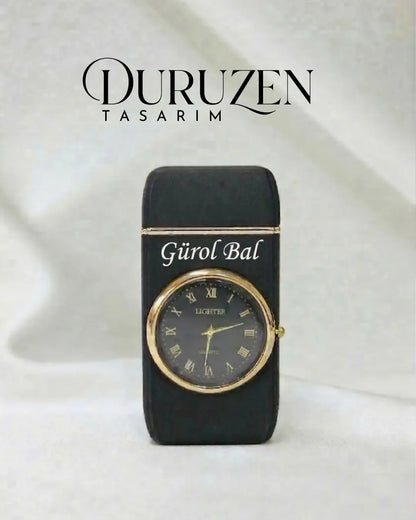 Kişiye Özel Tasarımlı Şık Işıklı Saatli Siyah Çakmak