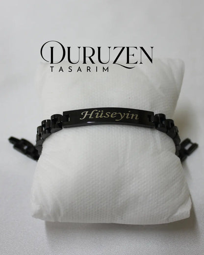 Kişiye Özel İsim Yazılı Siyah Çelik Bileklik