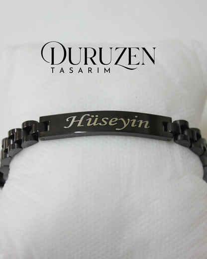 Kişiye Özel İsim Yazılı Siyah Çelik Bileklik