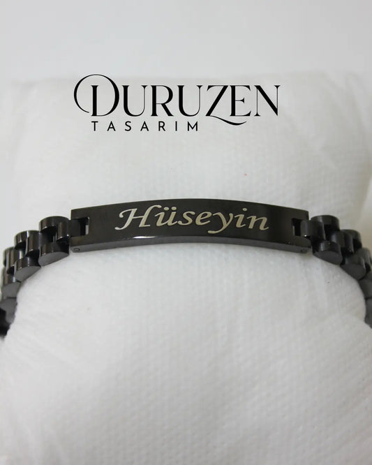 Kişiye Özel İsim Yazılı Siyah Çelik Bileklik